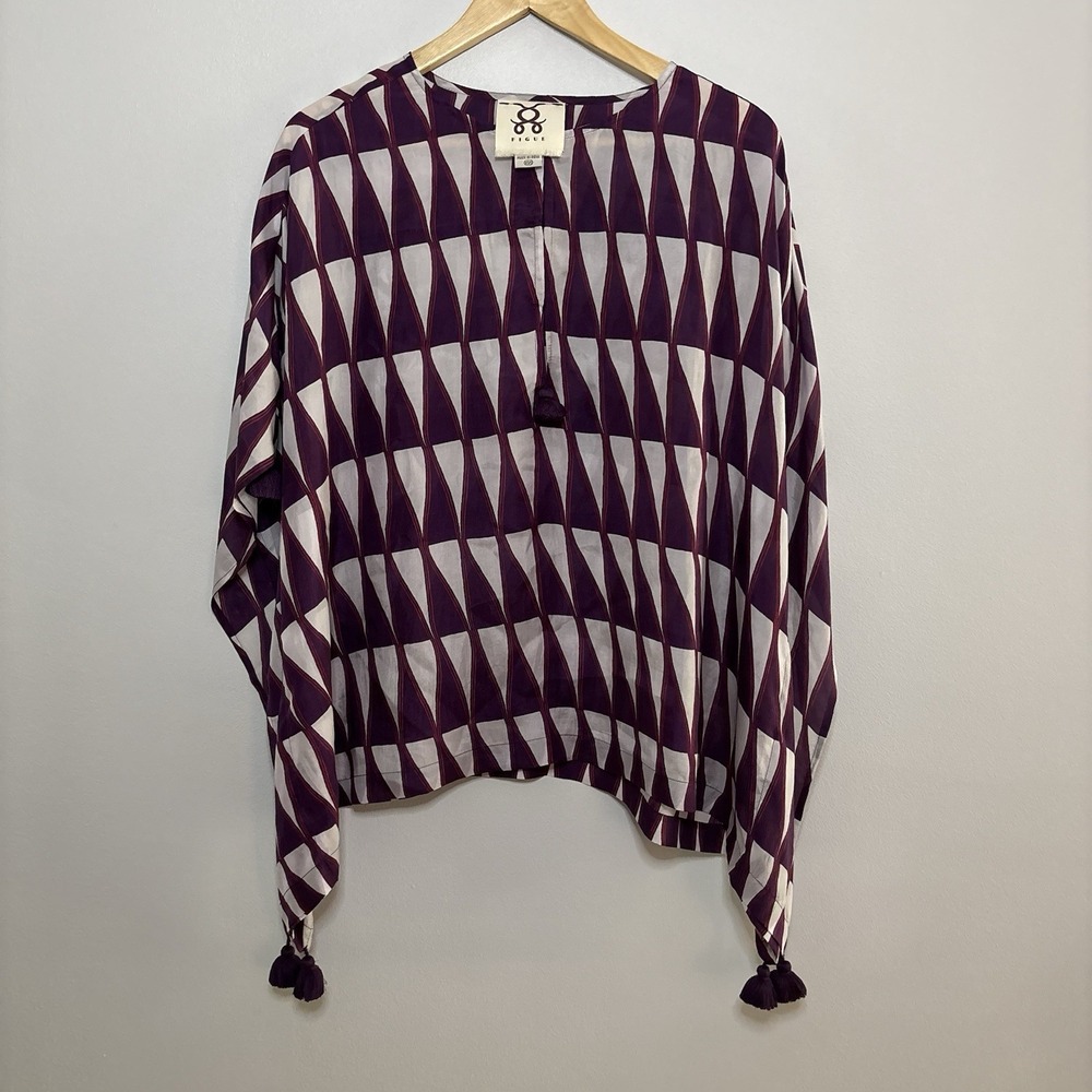 Figue Kaftan 100% Silk Top Purple White XS/S Geometric Tassel Chic Poncho Classy